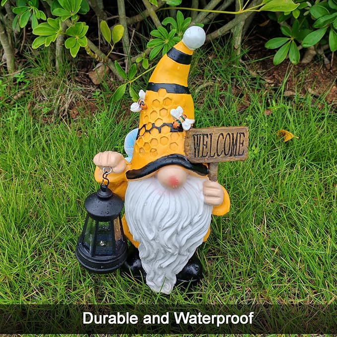 Gnome Garden Statues with Solar Lights Outdoor Gnomes Sculpture Yard Patio Decor for Lawn Ornaments Gardening Gifts(Bee Gnome