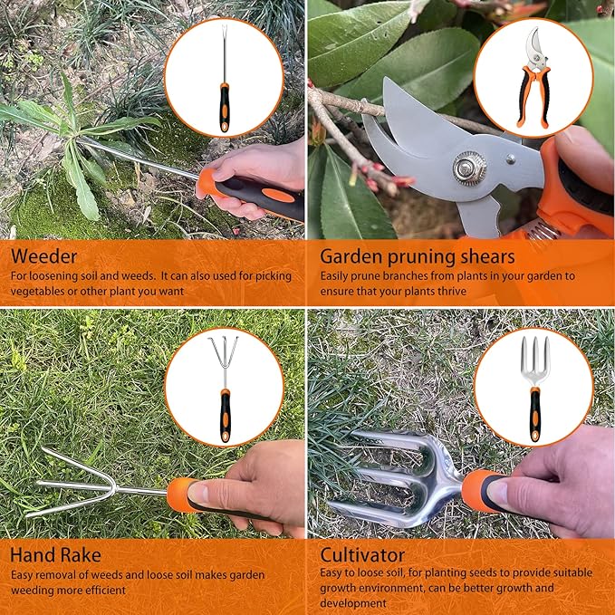 Gardening Tools,10PCS Stainless Steel Heavy Duty Garden Tool Set,Non-Slip Ergonomic Handle and Outdoor Garden Shovel with Storage Gardening Kit,Gardening Gifts for Women and Men