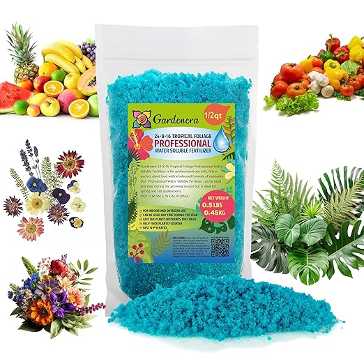 Premium 24-8-16 All Purpose Water Solubable Fertilizer for All Plants by Gardenera - Ideal for Flowers, Plants, Vegetables, Trees, Shrubs, Lawns and Houseplants - 1/2 Quart