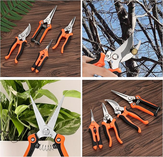 5 pack Garden Pruning Shears Stainless Steel Blades, Handheld Scissors Set with Gardening Gloves,Heavy Duty Garden Bypass Pruning Shears,Tree Trimmers Secateurs, Hand Pruner (Orange)
