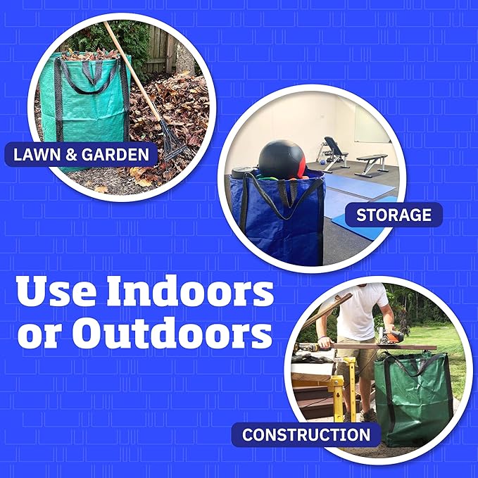 DURASACK Heavy Duty Home and Yard Waste Bag 48-Gallon Woven Polypropylene, Reusable Lawn and Leaf Garden Bag with Reinforced Carry Handles, Pop-Up Self-Standing Garbage Can, Blue, Pack of 3