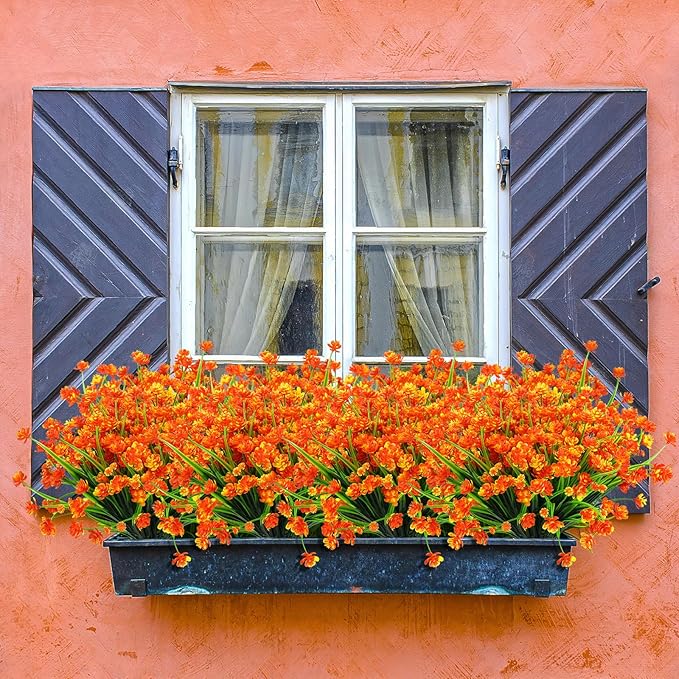 24 Bundles Artificial Fall Flowers Outdoor,No Fade Fake Plastic Flowers,Faux Autumn Plants for Thanksgiving Xmas Decor,Hanging Planters Indoor Outside Garden Porch Window Box Home Wedding