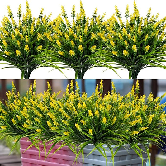 Artificial Flowers for Outdoor Plants 24 Bundles Fake Lavender Plastic Faux Monkey Grass for Verandah Window Garden Office Patio Front Porch UV Resistant for Planter(Yellow)