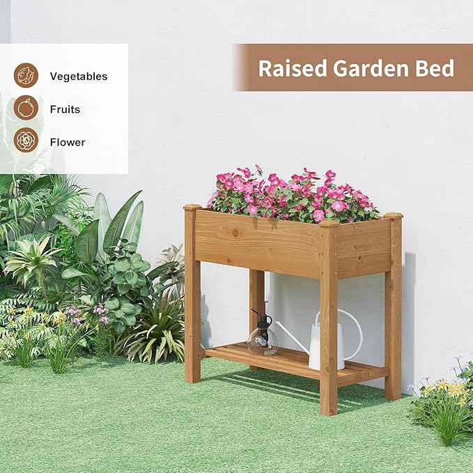 FILWH Raised Garden Bed with Legs Elevated Wooden Planter Box Stand Large Planter Stand Box for Fruits Vegetables Flowers with Divider with Bag - 34x18x30.5IN(Brown)