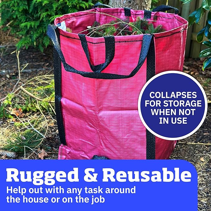 DURASACK Heavy Duty Home and Yard Waste Bag 48-Gallon Woven Polypropylene, Reusable Lawn and Leaf Garden Bag with Reinforced Carry Handles, Pop-Up Self-Standing Garbage Can, Red