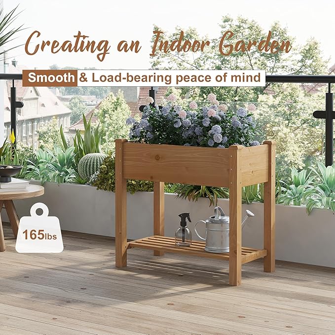 FILWH Raised Garden Bed with Legs Elevated Wooden Planter Box Stand Large Planter Stand Box for Fruits Vegetables Flowers with Divider with Bag - 34x18x30.5IN(Brown)