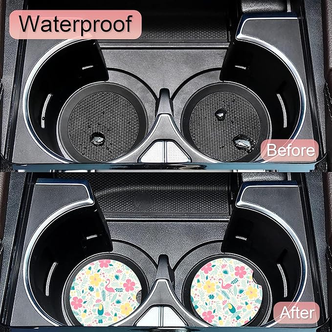 Tropical Flamingo Hibiscus Pineapple Car Coasters,Ceramic Absorbent Cup Holders with Finger Notch & Cork Base Car Assecories for Women/Men 2.6"(2 Pieces)