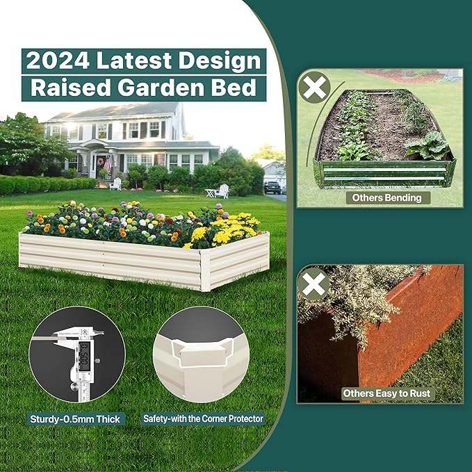 Raised Garden Bed Beige, 6x3x1ft Galvanized Raised Garden Bed Outdoor Metal for Gardening Vegetables Flower Garden Planter Box Large Raised Bed with Gloves and 3ftx30ft Weed Barrier Fabric