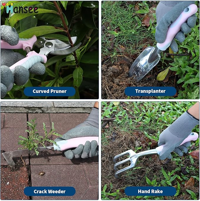 Pink Garden Tool Set 12 Pieces, iHansee Aluminum Gardening Hand Tools with Non-Slip Handle, Kneeling Pad, Apron, Gloves and Organizer Bag, Landscaping Tools - Gift for Women & Garden Enthusiasts