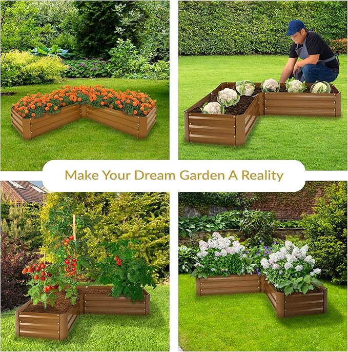 Sunnydaze 11.75" H Raised Metal Garden Bed - Galvanized Raised Garden Bed Outdoor for Vegetables and Flowers - Brown - L-Shaped