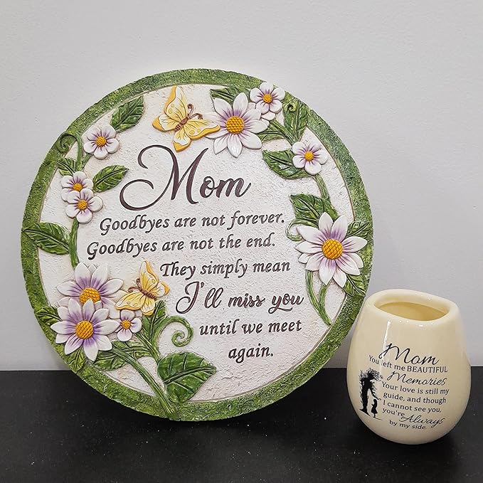 INSPIAMZUE Mom Memorial Stone - Until We Meet Again, Mom Remembrance Gift for Grieving, Sympathy Gift for Loss of Mother, Mom Loss Condolence, Memorial Stone Butterfly Flower TNS2