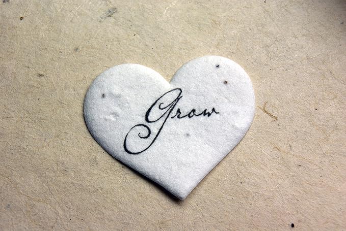Of The Earth Handmade Paper - Wildflower Seed Paper Small Heart Tags - Calligraphy Variations - 1.75" X 1.5" - Set of 50 (Grow)