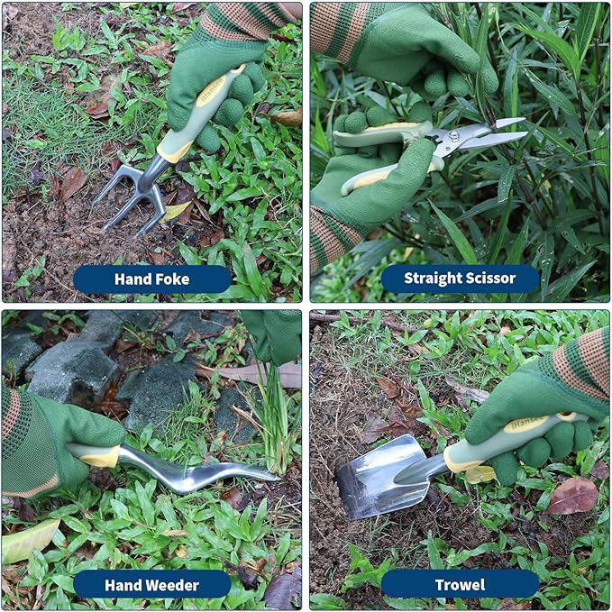 Set of 12 Garden Tool, iHansee Heavy-Duty Aluminum Gardening Hand Tools with Rubber Non-Slip Handle, Garden Apron, Gloves, Kneeling Pad and Storage Bag, Garden Hand Tools Starter Kit Landscaping Tools