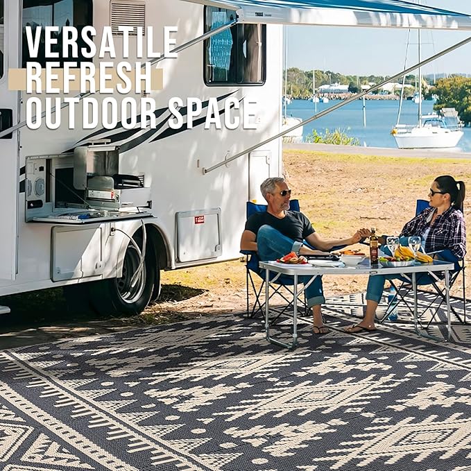 OLANLY Outdoor Rug Waterproof 8x10 ft, Reversible Outdoor Plastic Straw Rug, Boho Patio Rug, Indoor Outdoor Carpet, RV Mat Outside for Patio, Camp, Picnic, Balcony, Deck, Backyard, Black & Beige