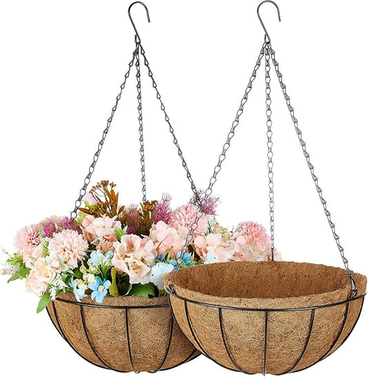 ZeeDix 2 Pack 14 Inch Metal Round Hanging Planter Basket with Coconut Liners Replacement, Hanging planters Baskets with Natural Coco Liner for Outdoor Indoor Planters Flowers Vegetables