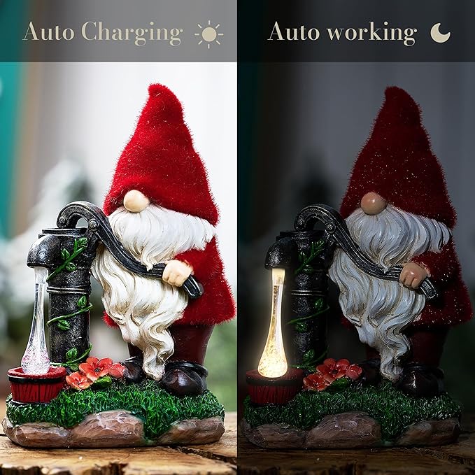 TERESA'S COLLECTIONS Resin Garden Gnomes Decor with Solar Lights, Red Outdoor Decorations for Porch Patio, Gifts for Women and Men,Outdoor Garden Decor Ornaments for Outside, 9"