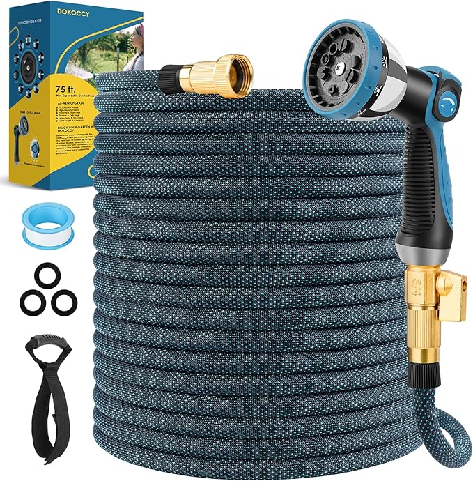 Non-Expanding Garden Hose 75 ft, Flexible Kink Free Water Hose with 10 Watering Spray Nozzle, Lightweight Hose Pipe, Leak-Proof, Durable, 3/4" Brass Alloy Connector, Portable Storage Strap