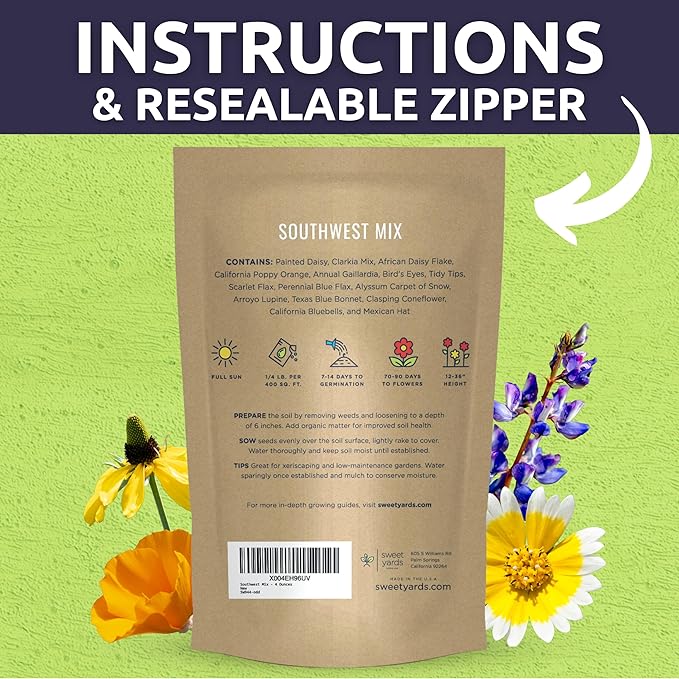 Southwest Regional Mix - Bulk 1/4 Pound Pouch - 60,000 Flower Seeds for Planting - Wildflower Mix