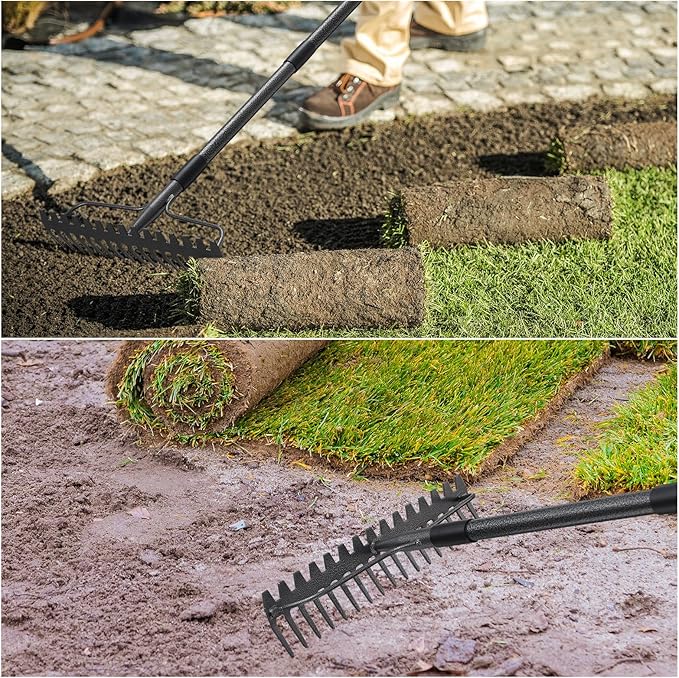 60'' Bow Rake Heavy Duty Garden Rake with Stainless Steel Handle,Tines Metal Head Rake Tool for Loosening Soil Gathering Leaf Leveling Lawn Farming Land Management Yarn Thatch Rake