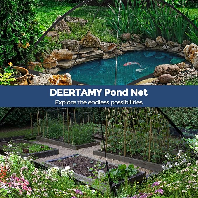 DEERFAMY Pond Net Dome, 10ร14 FT Pond Cover with 2 Doors, Pond Mesh Tent with 4 Ropes, 16 Stakes, and Fiberglass Poles, Pond Netting for Koi, Outdoor Ponds, Pool and Gardens, Black