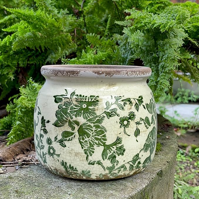 Vintage Ceramic Ice Crack Flower Pot with Drainage Holes, Country Rustic Planters for Indoor and Outdoor,Tuscan Decor,Home,Living Room, Garden Decor, Gardening Gift (Country)