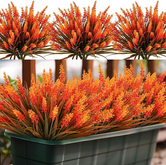 Artificial Fall Flowers for Outdoor Plants 24 Bundles Fake Lavender Plastic Faux Monkey Grass for Verandah Window Garden Office Patio Front Porch UV Resistant for Planter(Autumn Orange)