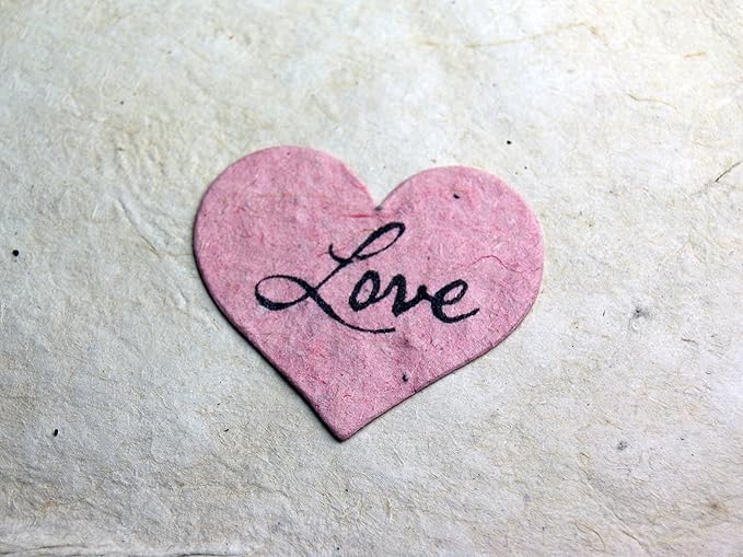 Of The Earth Handmade Paper - Wildflower Seed Paper Small Heart Tags - Calligraphy Variations - 1.75" X 1.5" - Set of 50 (Love 68s Pink Lotka)