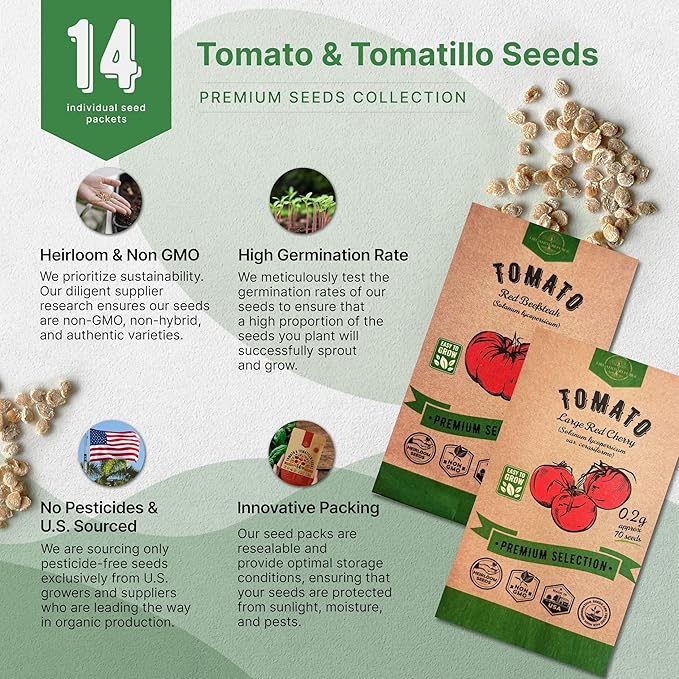 14 Rare Tomato & Tomatillo Garden Seeds Variety Pack - 1,020+ Non-GMO Heirloom Tomato & Tomatillo Seeds for Outdoors & Indoor Home Gardening