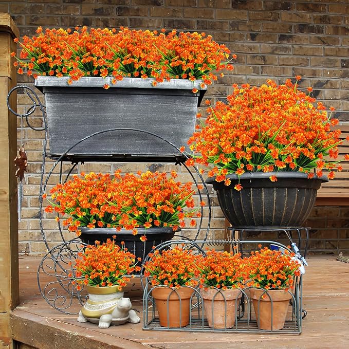 24 Bundles Artificial Fall Flowers Outdoor,No Fade Fake Plastic Flowers,Faux Autumn Plants for Thanksgiving Xmas Decor,Hanging Planters Indoor Outside Garden Porch Window Box Home Wedding
