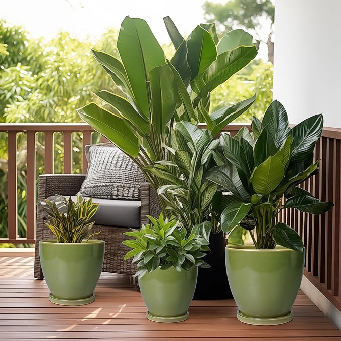 Ceramic Pots for Plants - 10 Inch Planter for Indoor Ourdoor Plants Modern Large Flower Pot with Drainage Hole and Saucer Room Home Office Garden Patio Porch Decor Green