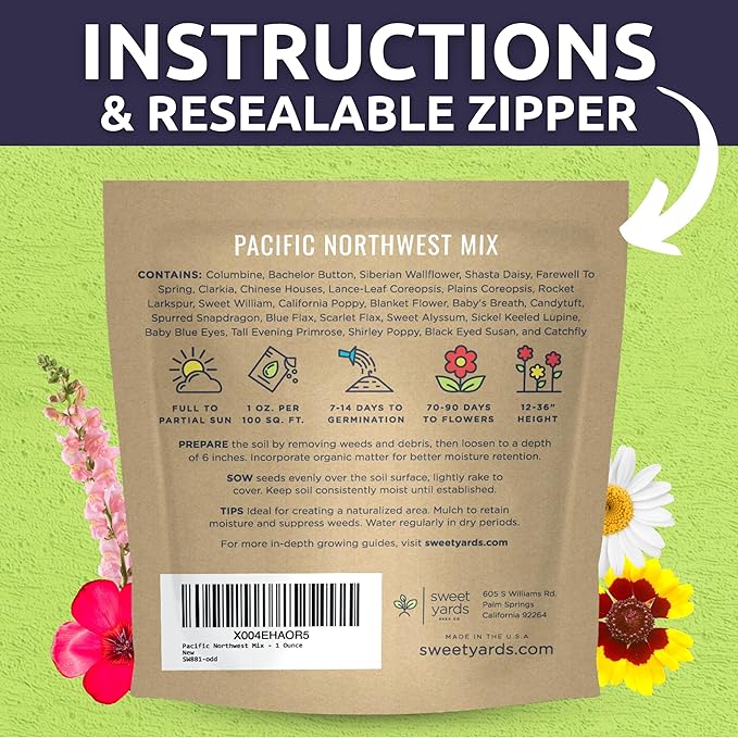 Pacific Northwest Regional Mix - Large 1 Ounce Packet - 24,000 Flower Seeds for Planting - Wildflower Mix
