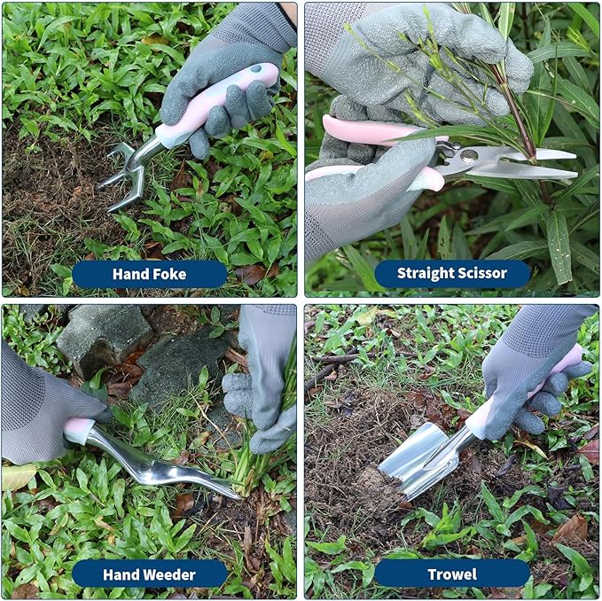 Pink Garden Tool Set 12 Pieces, iHansee Aluminum Gardening Hand Tools with Non-Slip Handle, Kneeling Pad, Apron, Gloves and Organizer Bag, Landscaping Tools - Gift for Women & Garden Enthusiasts