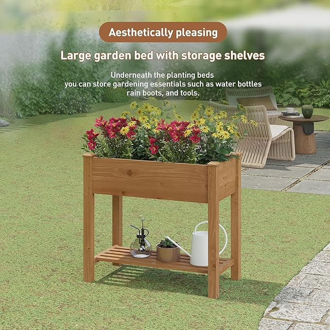 FILWH Raised Garden Bed with Legs Elevated Wooden Planter Box Stand Large Planter Stand Box for Fruits Vegetables Flowers with Divider with Bag - 34x18x30.5IN(Brown)