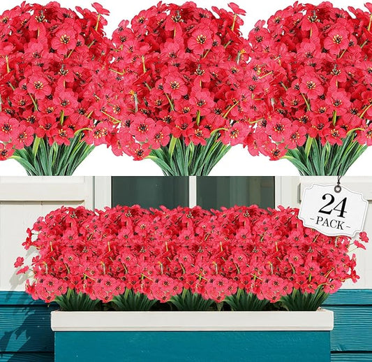 24 Bundles Artificial Flowers for Outdoor,No Fade Fake Plastic Flowers Faux Plants for Decoration Hanging Planters Indoor Outside Garden Porch Window Box Home Wedding Farmhouse