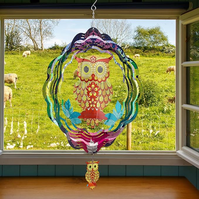 TUOKING Owl Wind Spinners Outdoor Metal 3D Hanging Art Wind Spinner 12 Inch Stainless Steel for Yard and Garden Decoration Worth Gift for Women