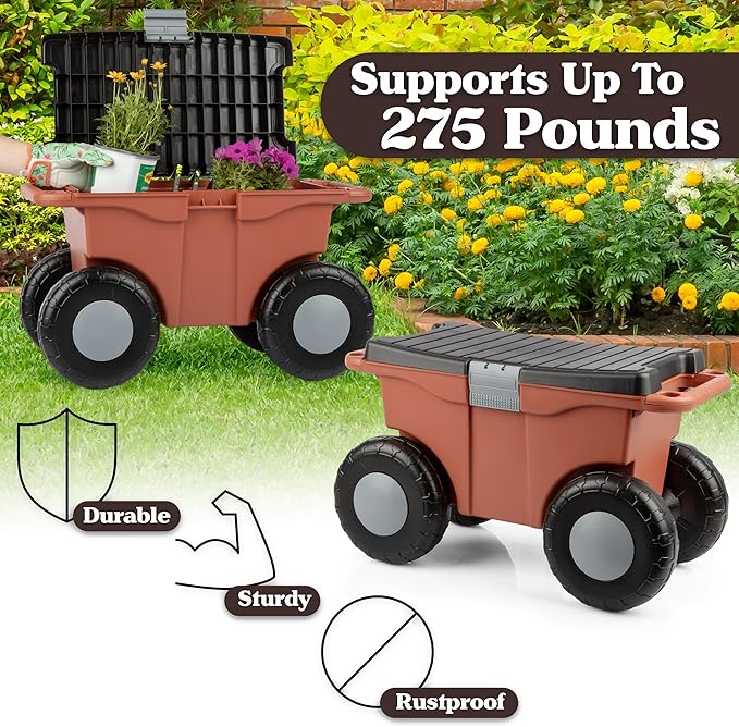 Pure Garden Rolling Garden Cart with Seat - Plastic Storage with Bench and Tool Tray - Gardening Stool for Weeding or Planting (Terracotta)