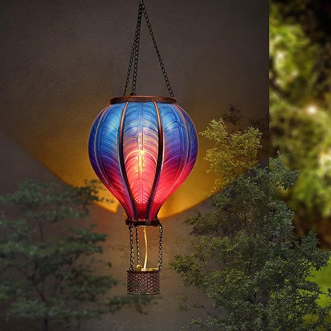 TERESA'S COLLECTIONS Hot Air Balloon Solar Lantern for Garden Decor Halloween Christmas Party,Flickering Flame Hanging Solar Light for Outdoor ,Blue & Purple Plastic Lamp for Yard Tree,Gift for Mom