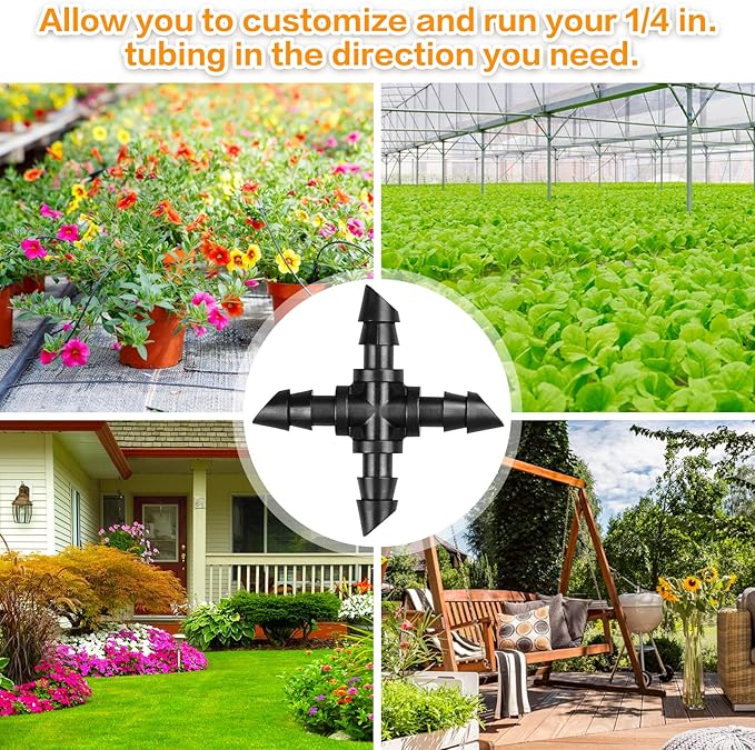 Drip Irrigation Cross Fittings:45 Pieces Barbed 4-Way Cross Irrigation Parts with Sharp End Fits for 1/4 Inch Drip Irrigation Tubing Drip Line Cross Tee Connectors for Garden Lawn