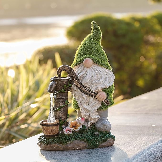 TERESA'S Collections Resin Garden Gnomes Decor with Solar Lights, Light Green Outdoor Decorations for Porch Patio, Gifts for Women and Men,Outdoor Garden Decor Ornaments for Outside, 9"