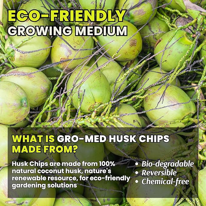 Gro-Med Coco Husk Chips Brick 1.1lb Expands Upto 7 Quarts Coconut Coir Chip, Best Mulching Medium for Plants Gardening, Potting Soil Mix, Orchid Bark Alternative - OMRI Certified, Low EC, Balanced pH
