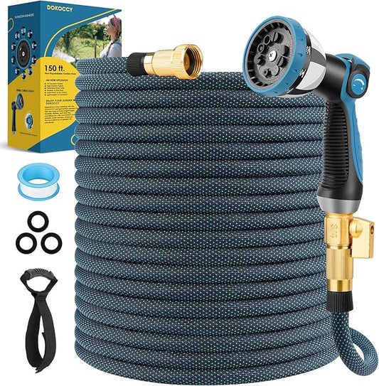 Non-Expanding Garden Hose 150 ft, Flexible Kink Free Water Hose with 10 Watering Spray Nozzle, Lightweight Hose Pipe, Leak-Proof, Durable, 3/4" Brass Alloy Connector, Portable Storage Strap