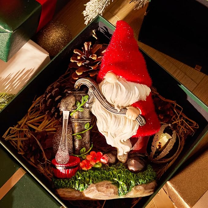 TERESA'S COLLECTIONS Resin Garden Gnomes Decor with Solar Lights, Red Outdoor Decorations for Porch Patio, Gifts for Women and Men,Outdoor Garden Decor Ornaments for Outside, 9"