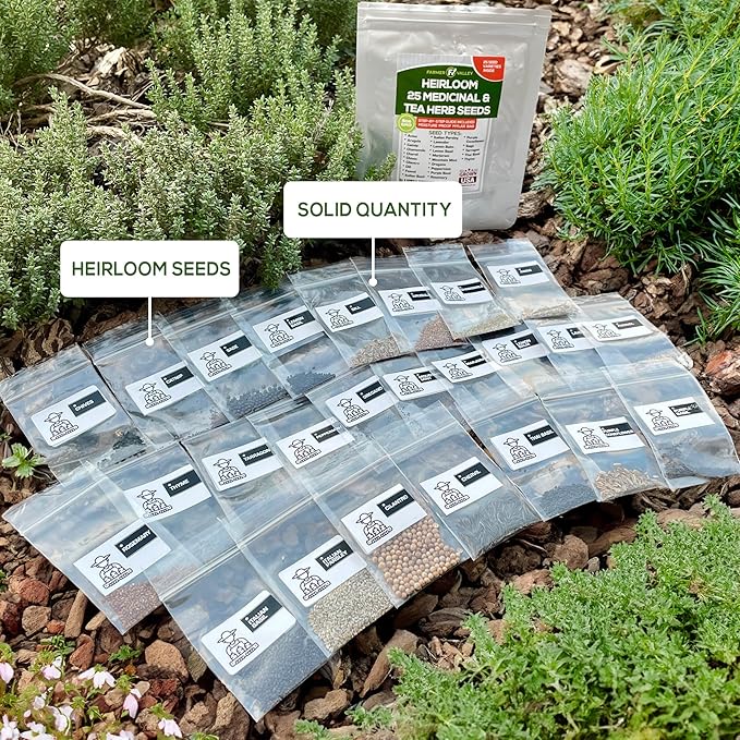 Set of 25 Medicinal Herbs and Herbal Tea Garden Seed Collection - Assorted Culinary Herb Seeds Variety Pack Including Lavender, Chamomile, Thyme, Oregano, Marjoram, and More