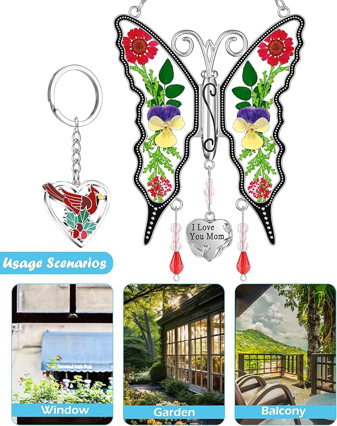 KY&BOSAM Butterfly Suncatcher I Love You Mom Gifts for Mom Pressed Flower Between Wings Glass for Windows Metal Engraved Charm as Gifts for Mother's Day Valentine's Birthday Thanksgiving Christmas