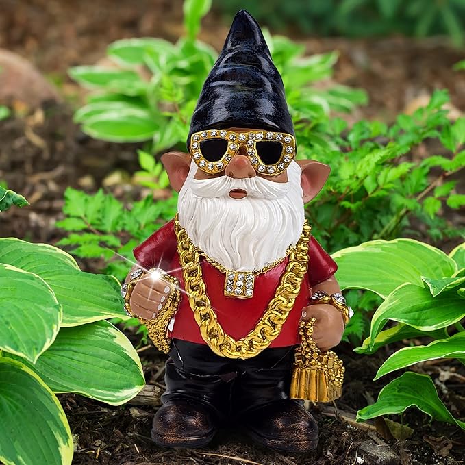 Better Office Products Garden Gnome Statue, 12" Height, Handcrafted Waterproof, UV-Resistant Polyresin Lawn Patio Porch Ornament Decoration (Bling Rapper with Solar Light)