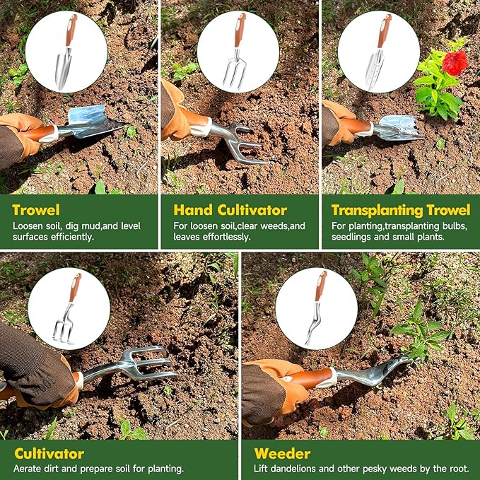 Garden Tool Set,10 Pcs Heavy Duty Gardening Hand Tool Kit for Women Aluminum with Non Slip Ergonomic Handle, Storage Tote Bag and Gardening Gloves, Ideal Gifts for Women and Men