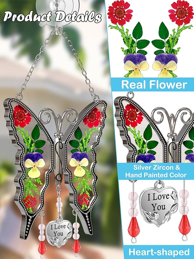 KY&BOSAM Butterfly Suncatcher I Love You Gifts for Mom for Windows Hangings Wind Chimes Pressed Flower Between Wings with Metal Heart Charm Birthday Gifts for Women Mother's Day Valentine's Christmas