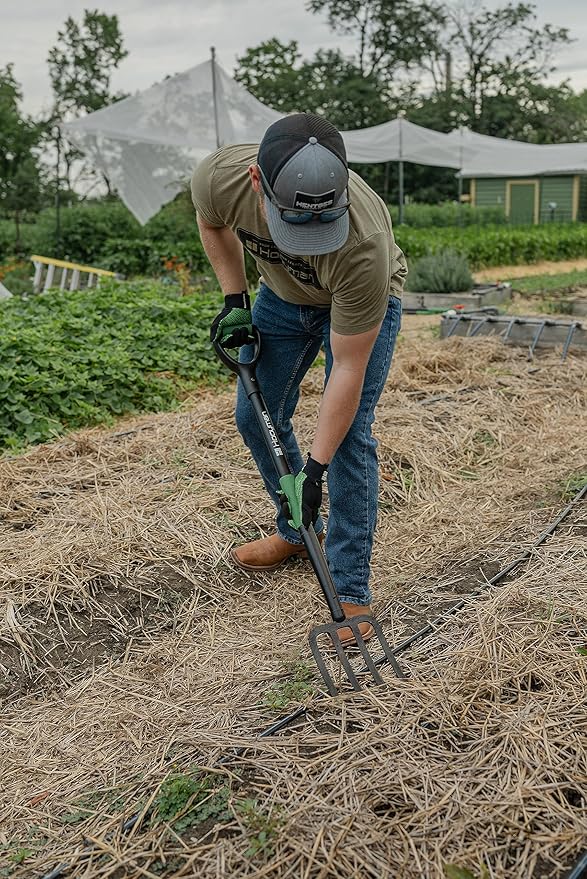 Hooyman Short Handle Digging Fork with Heavy Duty Carbon Steel Construction, Ergonomic No-Slip H-Grip Handles for Gardening, Land Management, Yardwork, Farming, and Outdoors
