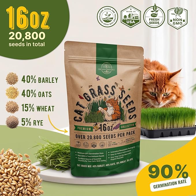 Organo Republic Cat Grass Seeds Mix - 20,800 Non-GMO Heirloom Seeds for Cats & Pets, 16 oz Pack for Growing Fresh Barley, Oat, Rye & Wheat Grass Seeds for Planting, Indoor Plants, Hairball Remedy