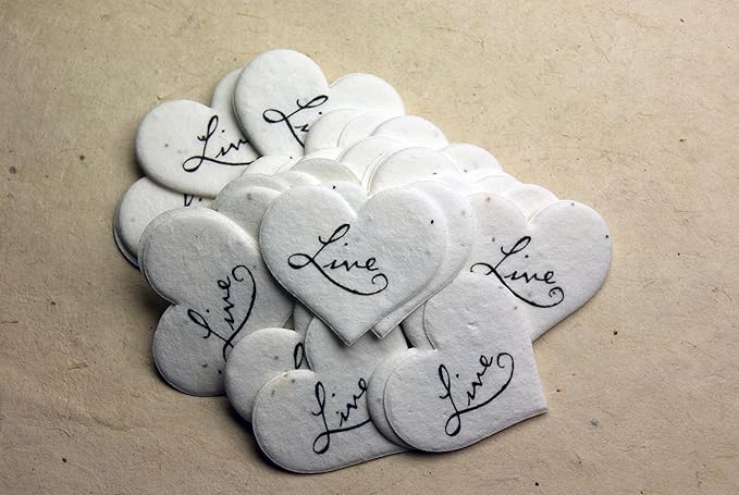 Of The Earth Handmade Paper - Wildflower Seed Paper Small Heart Tags - Calligraphy Variations - 1.75" X 1.5" - Set of 50 (Live)